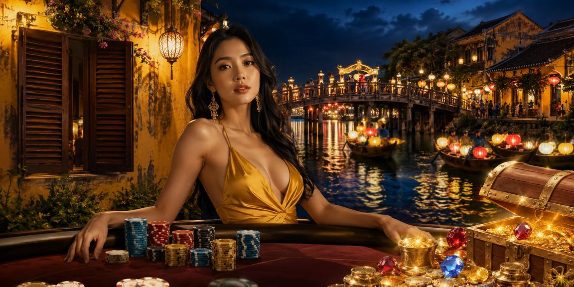 Người mẫu Việt Nam tại Hội An thưởng thức trò chơi slot trực tuyến trong không gian cổ kính
